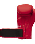 Red boxing glove with black straps for amateur competition.