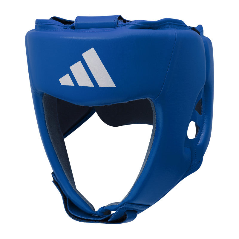 Blue boxing helmet with white logo, adidas.