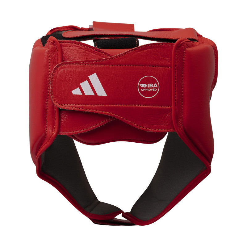 Red head guard with white logo for boxing.