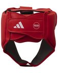 Red head guard with white logo for boxing.