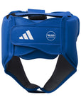 Blue head guard with white logo, adidas.