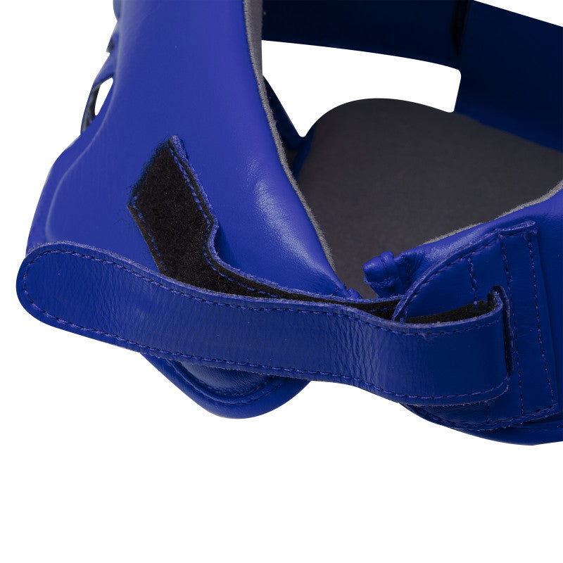 Blue headgear with a strap for boxing.