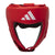 A red boxing helmet with a white logo for competitions.