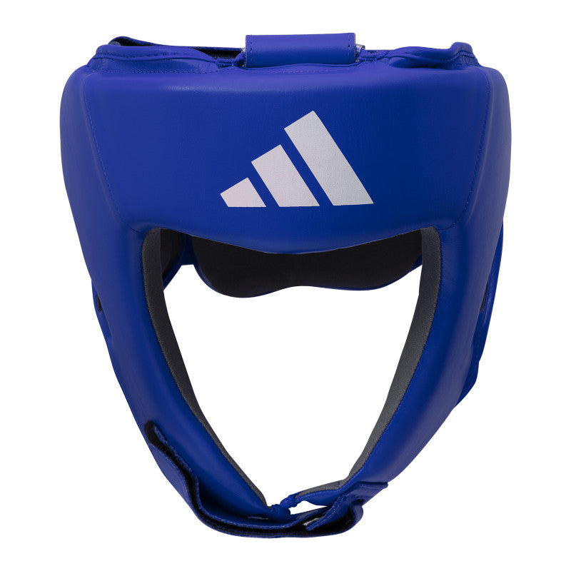 Blue boxing helmet with white logo, adidas.