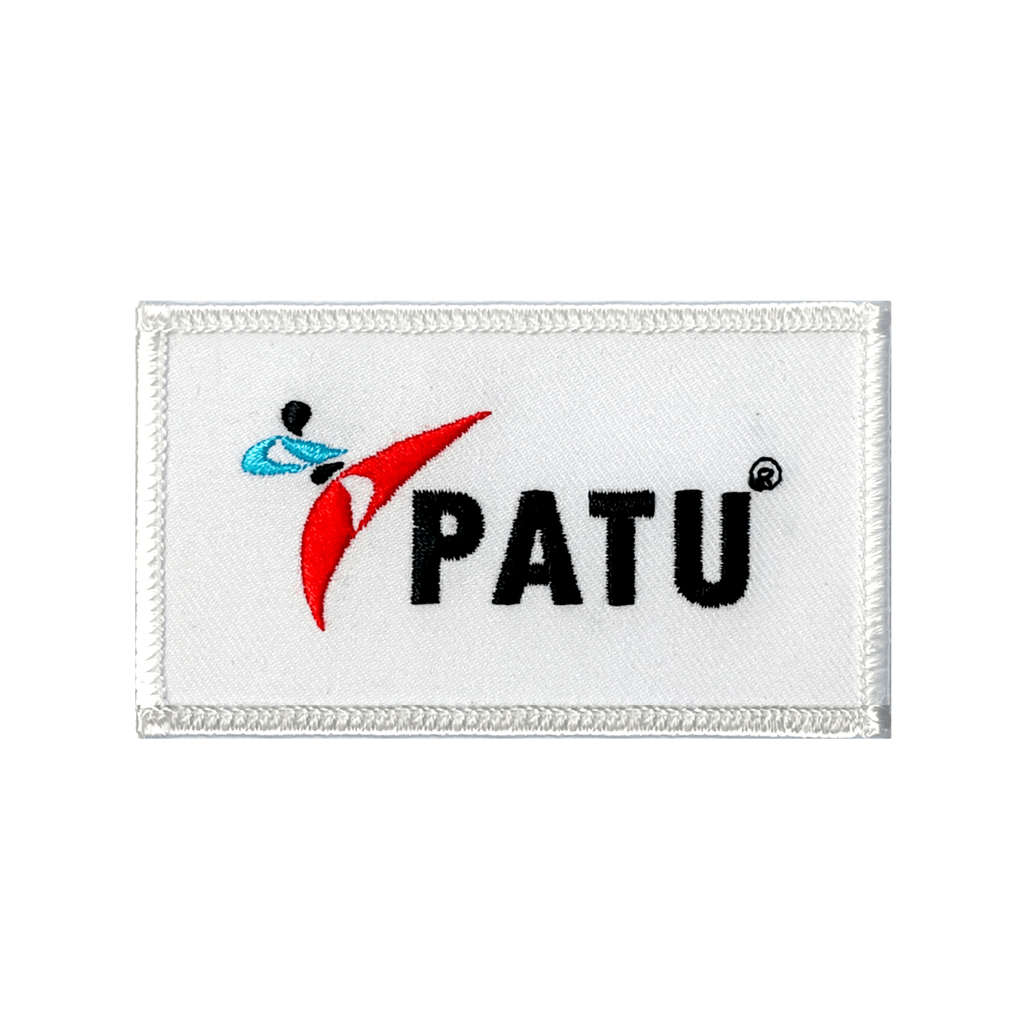 White rectangular patch with black text and red logo for Taekwondo.