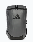 A grey backpack with black straps, suitable for sports training.