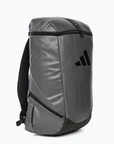 A grey backpack with a black strap, size L, for sports.
