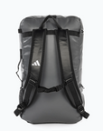 Back view of a grey backpack, highlighting the black straps.