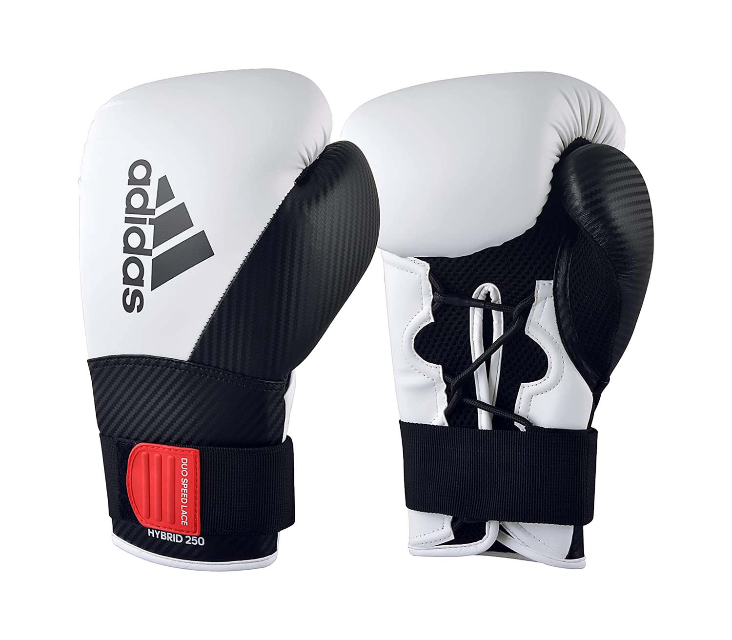 Pair of white and black boxing gloves, 14 oz size.