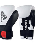 Pair of white and black boxing gloves, 14 oz size.