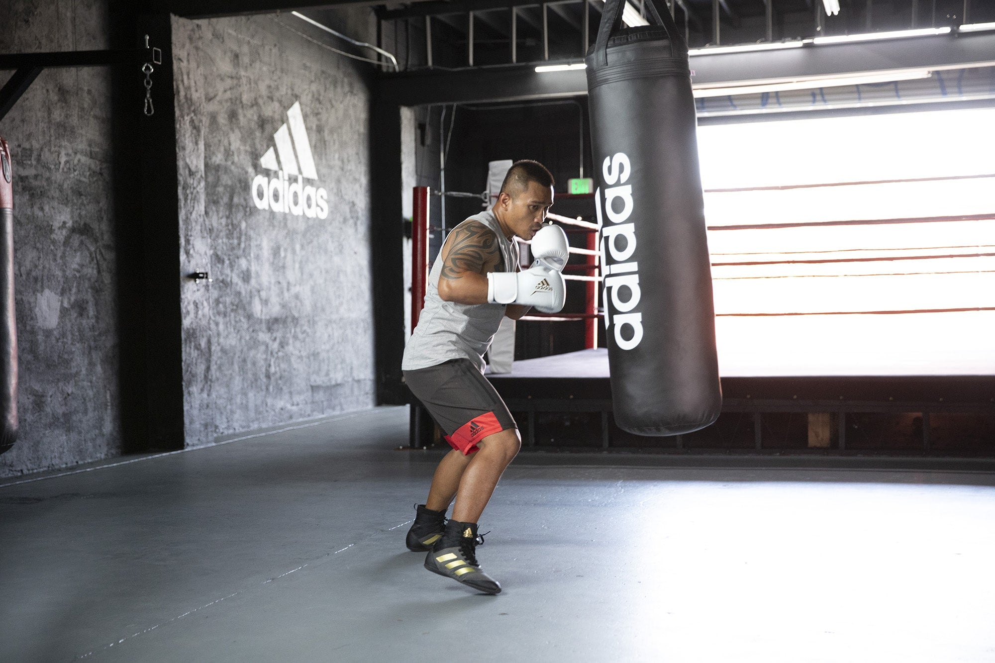 Man wearing boxing gloves punching a punching bag.