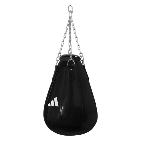 Black punching bag hanging from a chain, Adidas Maize Heavy Bag.