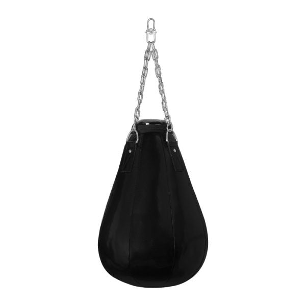 Black leather punching bag hanging from a chain, Adidas Maize Heavy Bag.