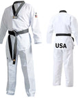 White karate uniform with black belt on display.