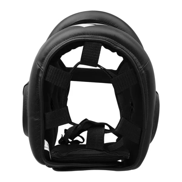 Black helmet with straps for full face protection in boxing.