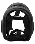 Black helmet with straps for full face protection in boxing.