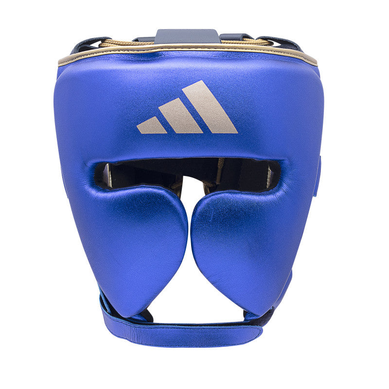 Blue adidas boxing helmet with white logo for head protection.