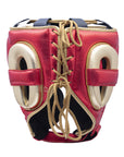 A red and gold boxing helmet shown from a side angle.