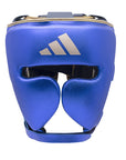 Blue adidas boxing helmet with white logo for head protection.