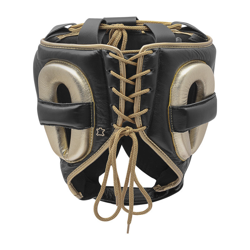 A black and gold boxing helmet for use in protective boxing gear.