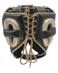 A black and gold boxing helmet for use in protective boxing gear.