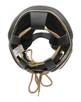 Black helmet with gold straps for men and women, size XL.