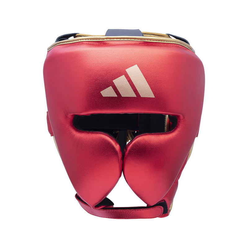 A red boxing helmet featuring a white logo.