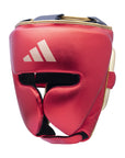 A red boxing helmet with a white logo on the front.