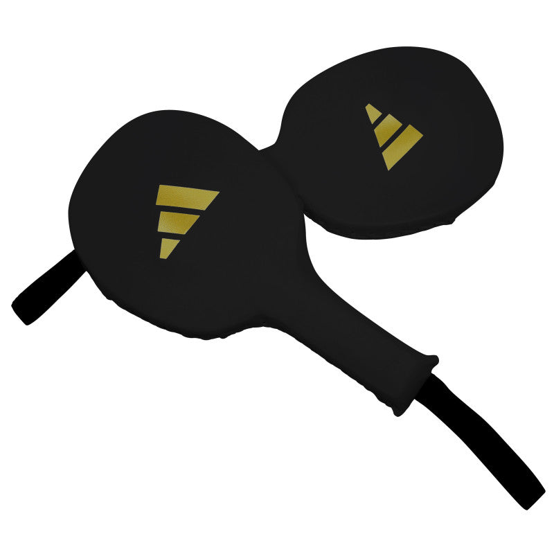 Black paddle with yellow stripes for boxing equipment.