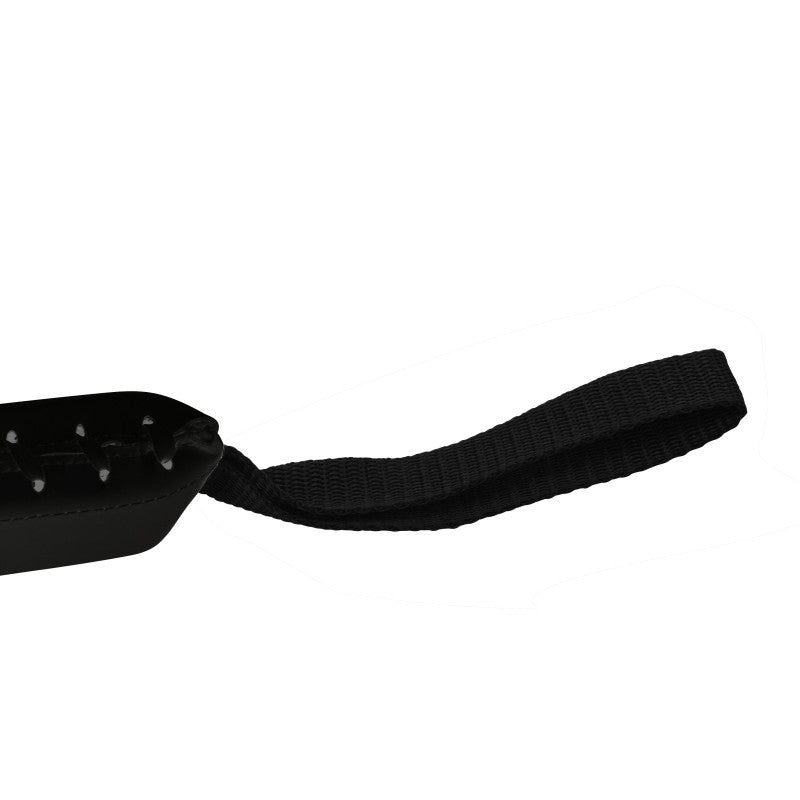 Black strap with stitched edge, part of boxing gear.