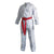 White karate uniform with red belt, Adidas Eco Fighter.