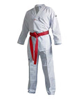 White karate uniform with red belt, Adidas Eco Fighter.