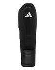 Black shin guard with white logo, size L, for boxing equipment.