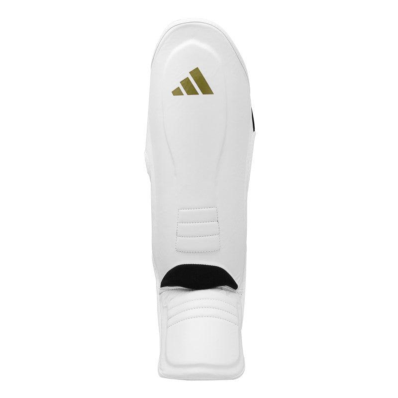 White shin guard with logo, boxing protective equipment for size XL.