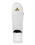 White shin guard with logo, boxing protective equipment for size XL.