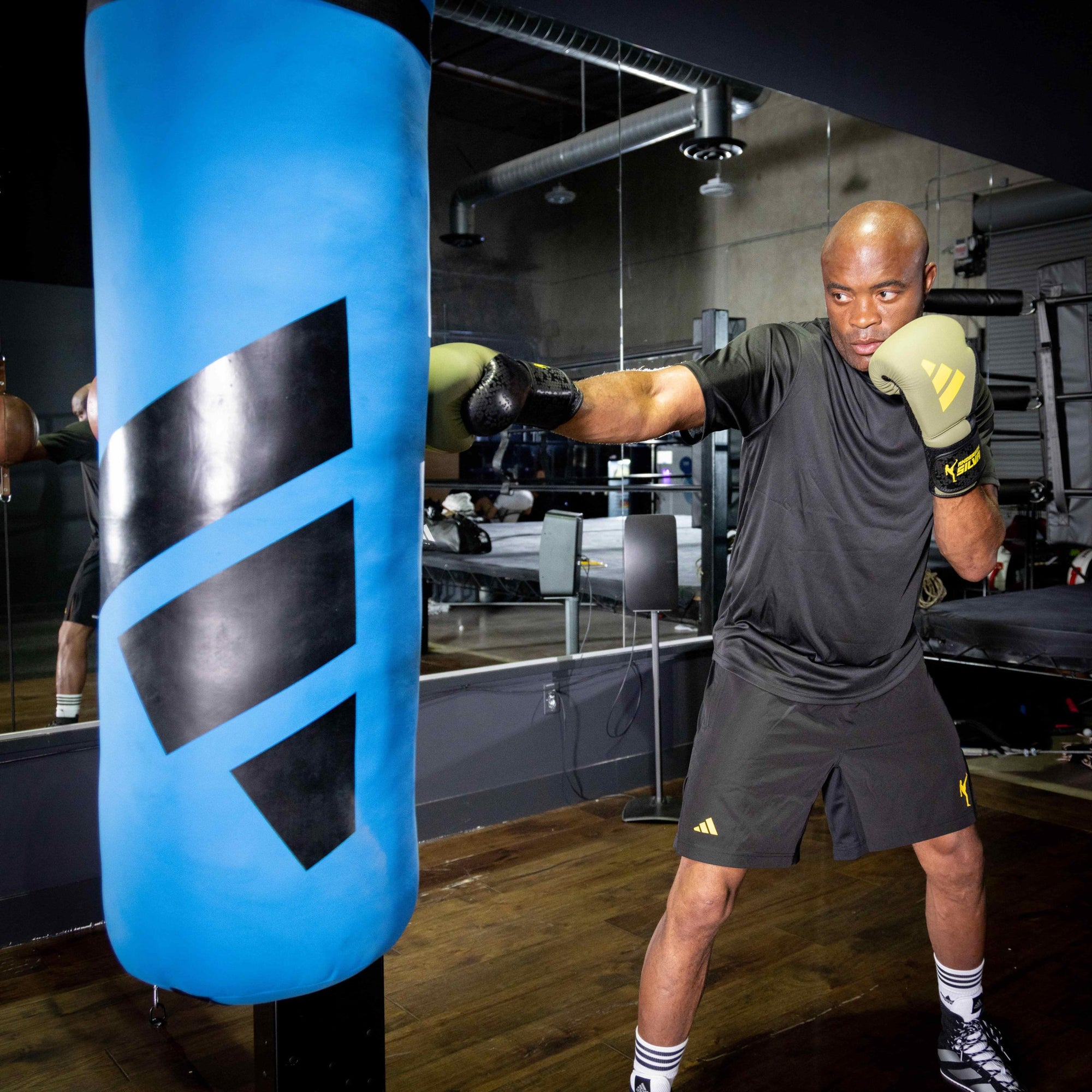 A man in boxing gloves punching a punching bag.