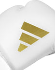 White boxing glove with a gold logo displayed against a neutral background.