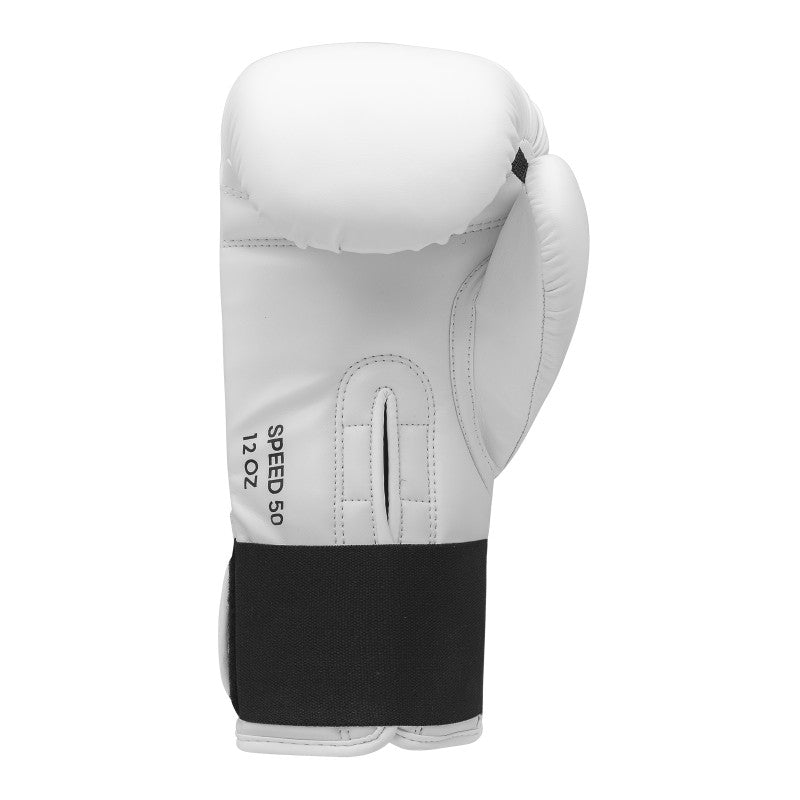 White boxing glove with black straps displayed against a neutral background.