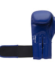 Blue boxing glove with black straps for secure fit.