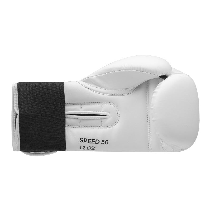 White boxing glove with black band displayed against a neutral background.