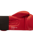 Red boxing glove with black trim, designed for enhanced performance.