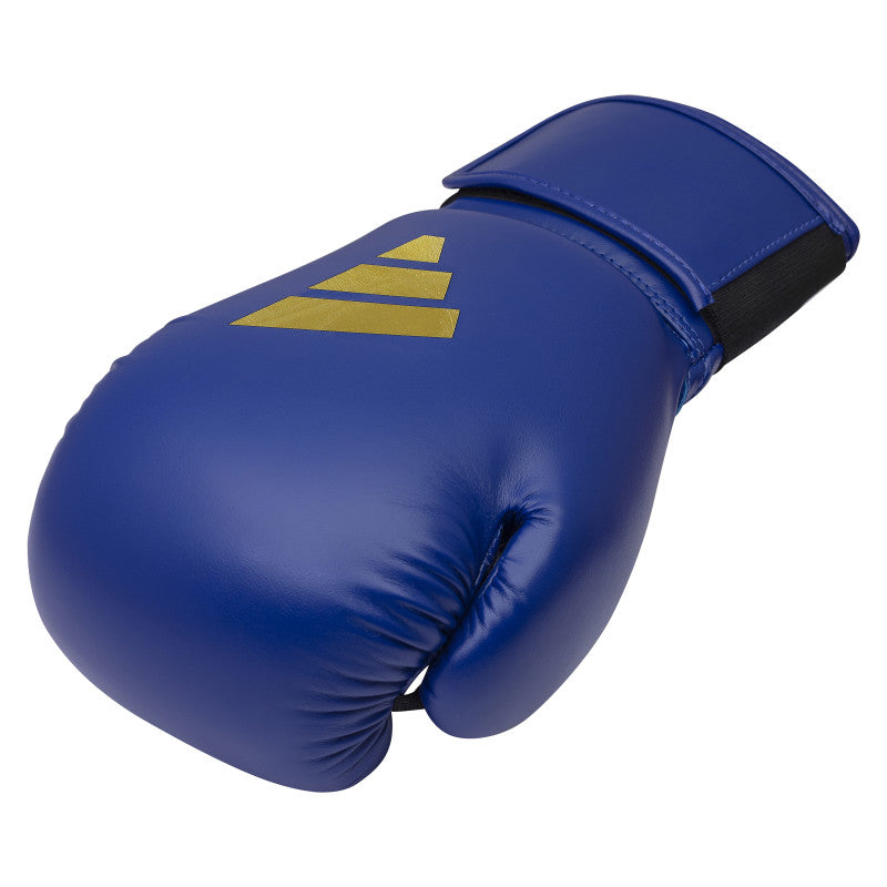 Blue boxing glove with gold adidas logo.