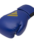 Blue boxing glove with gold adidas logo.