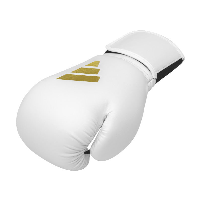 White boxing glove with gold logo, Adidas FLX 3.0 Speed 50.