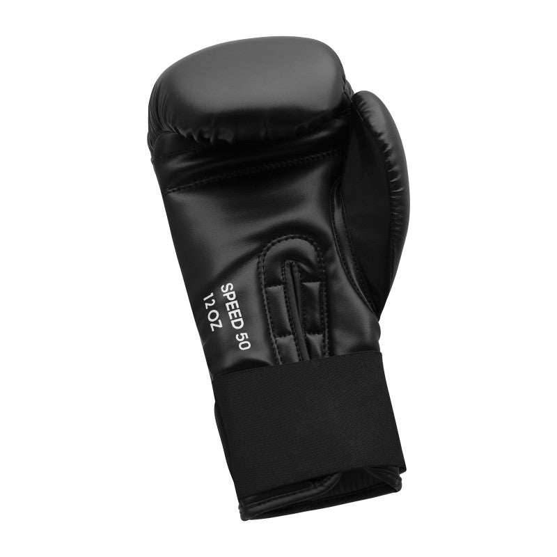 Black boxing glove, Adidas FLX 3.0 Speed 50, white/gold color.