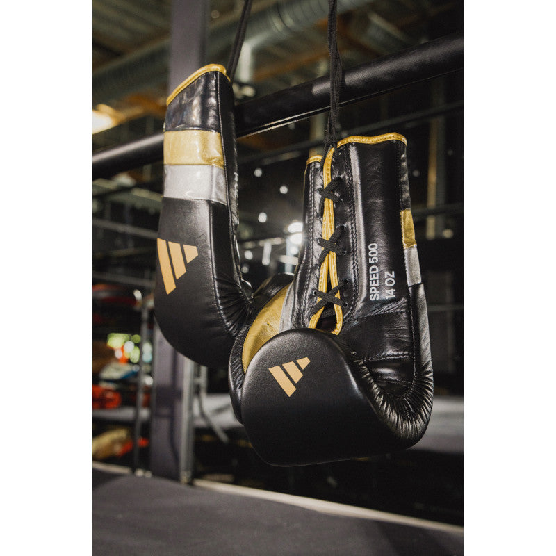 Boxing gloves hanging from a metal bar.