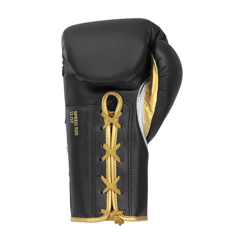 Black and gold boxing glove for pro boxing and kickboxing.