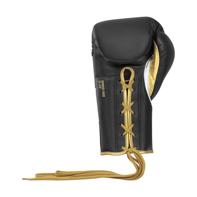 Black and gold boxing glove for pro boxing and kickboxing.