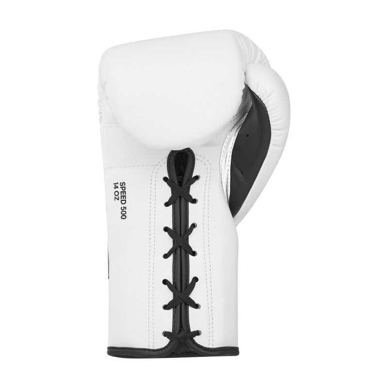 White boxing glove with black laces, Adidas Adi-Speed 500.