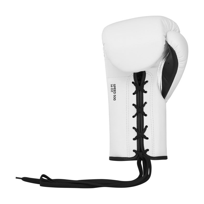 White boxing glove with laces, suitable for boxing and kickboxing.